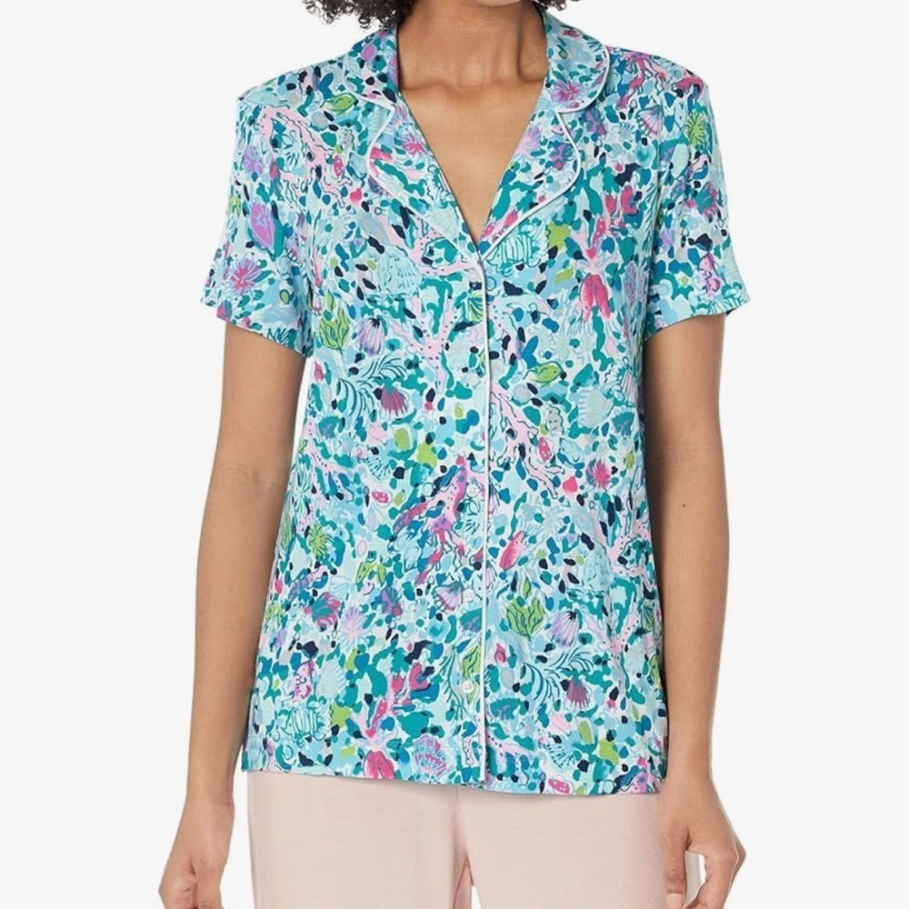 Lilly Pulitzer Short Sleeve Knit Button-Up PJ Top M Multicolor